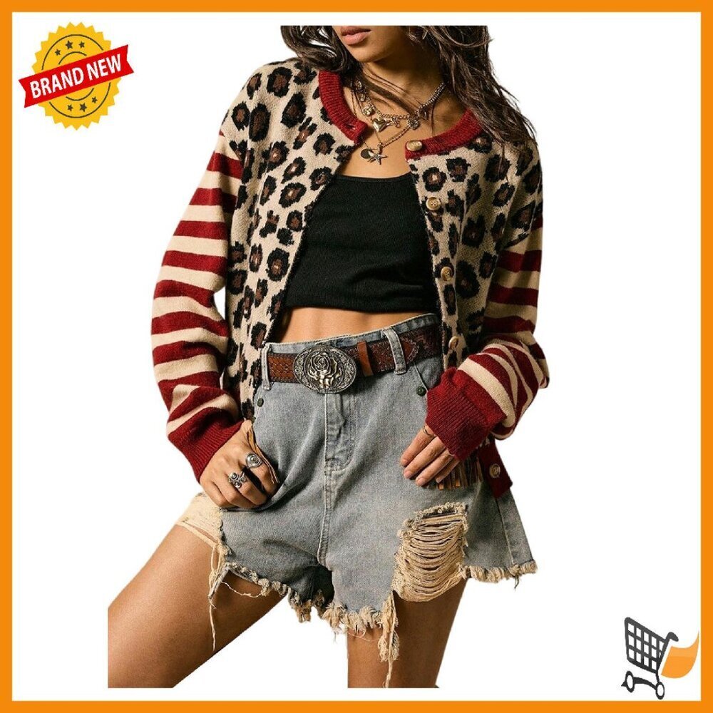 Women's Leopard Cardigan Sweater Y2K Striped Button Down Long Sleeve Crewneck